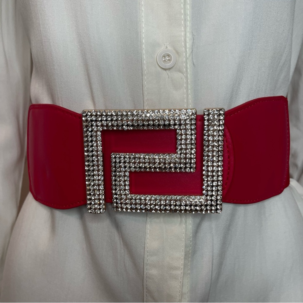 Red PU leather square  buckle with rhinestones details elastic waistband belt